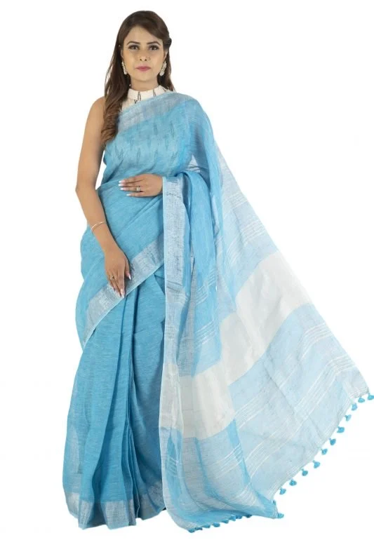 Handwoven Blue Zari Linen Saree
